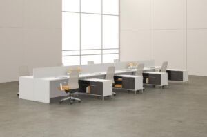 modern bench desks in a large open room office setting