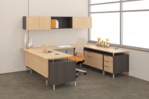 modern office desk furniture system with orange accents and light wood