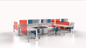 modern cubicle desking with brightly colored panels