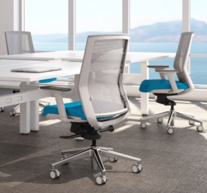white modern desk chairs with blue cushion