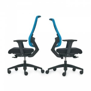 two ergonomic chairs back to back with blue