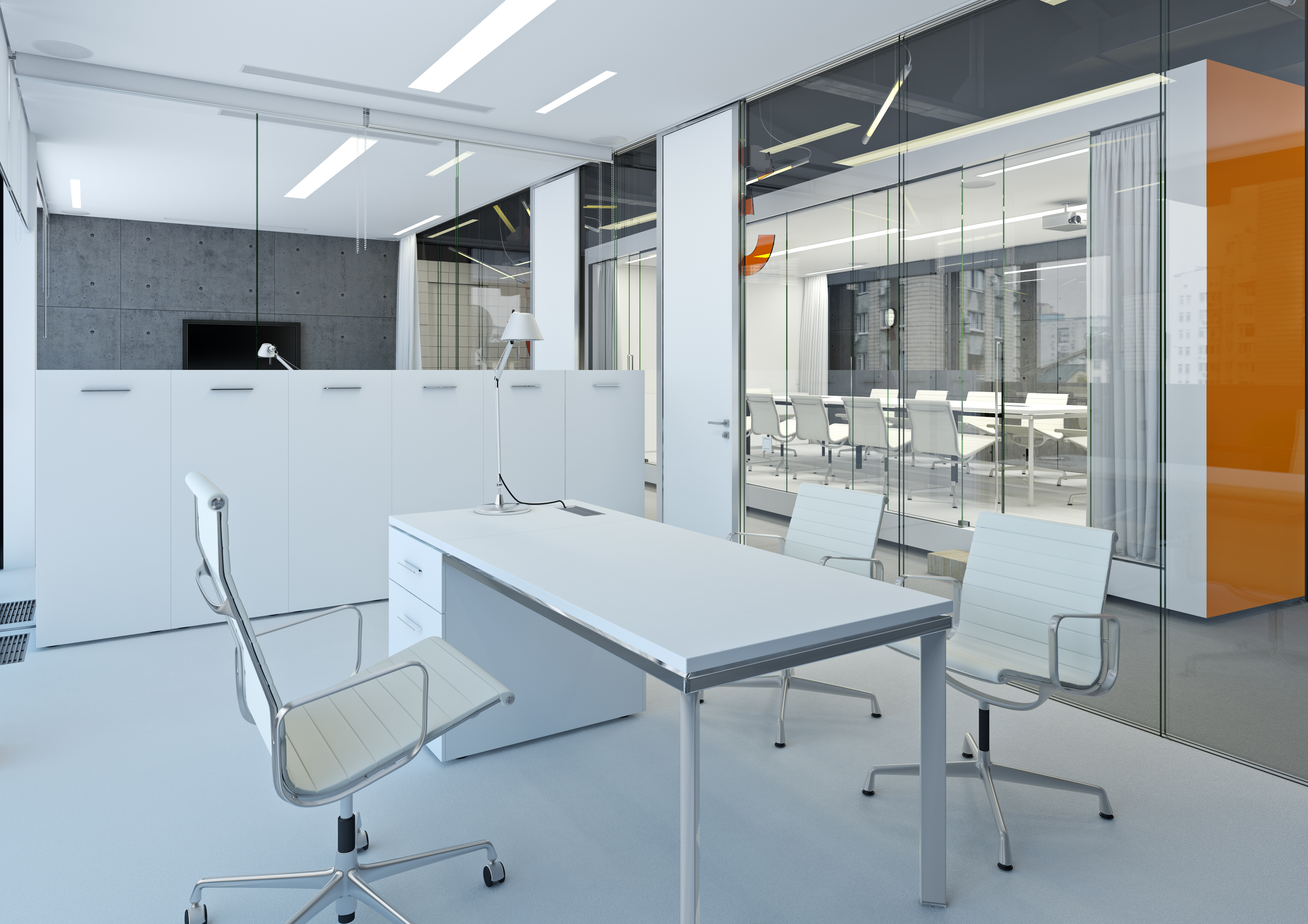 A modern white office with movable partitions.
