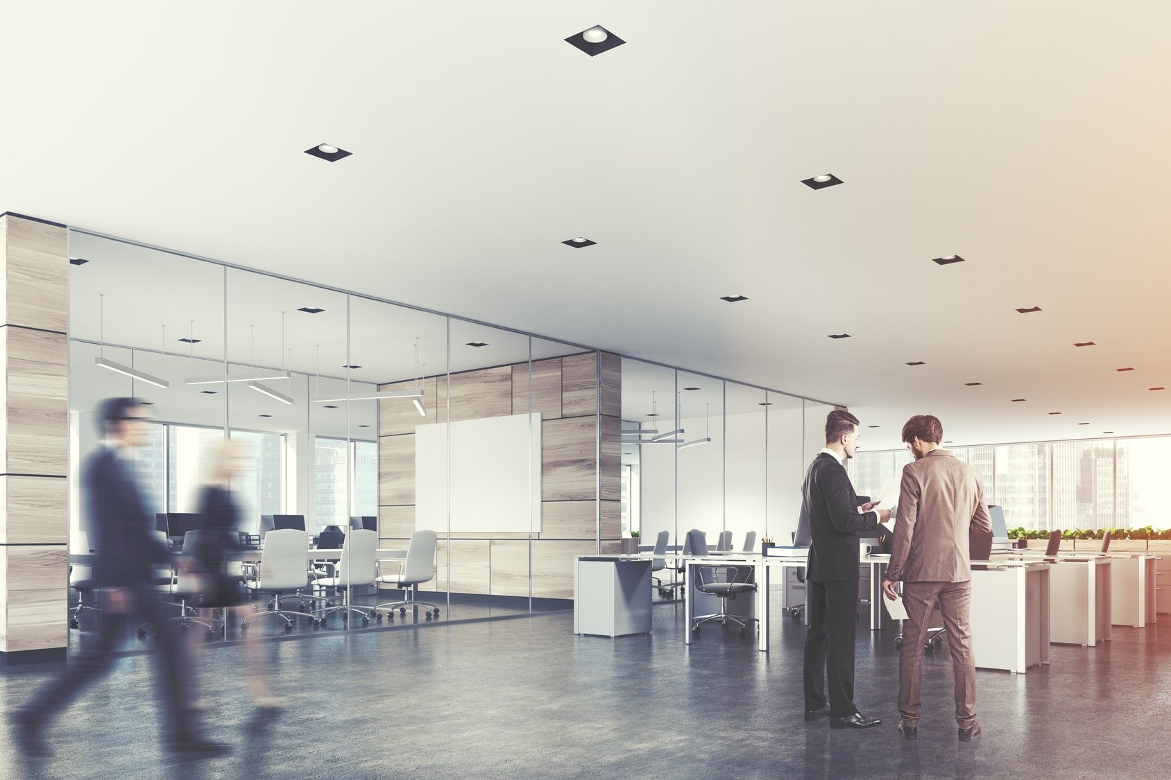 Two conference rooms with glass and wooden walls and an open space open office area. A poster, business people. 3d rendering mock up toned image