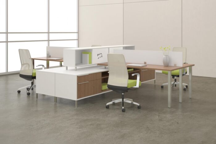 modern office desk furniture system with green accents and light wood