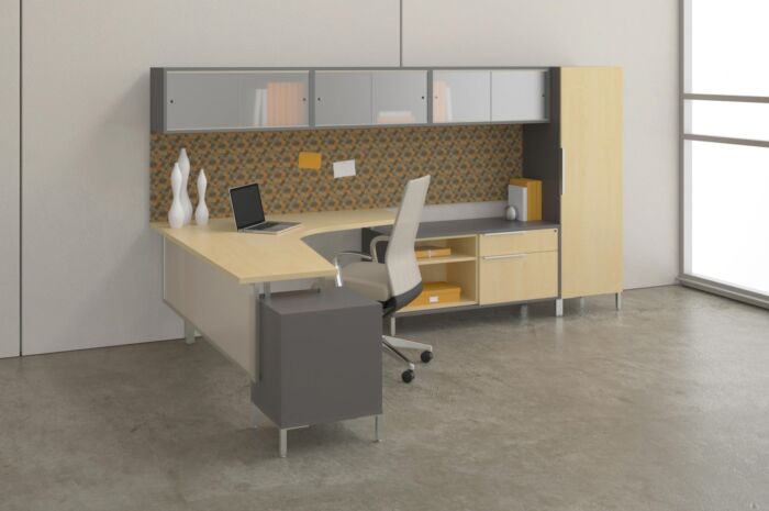 modern office desk furniture system with light wood hues