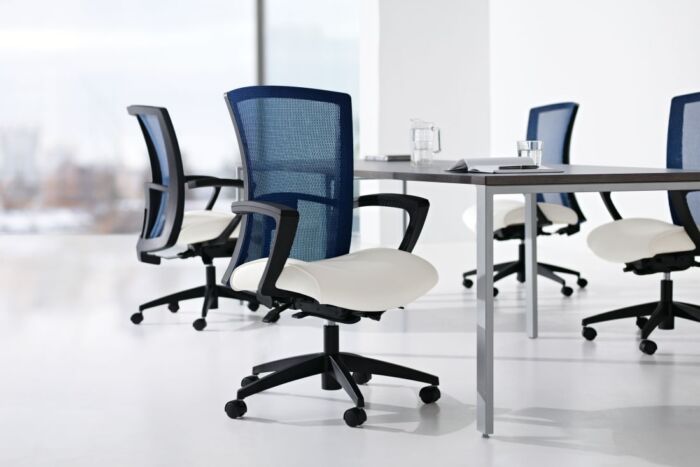 blue mesh back task chair with white seat