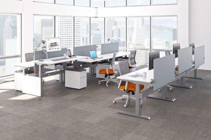 Height adjustable desks with white base and white top