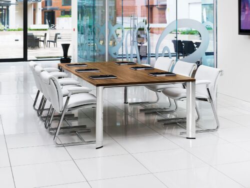 modern conference tables with chrome legs and white chairs