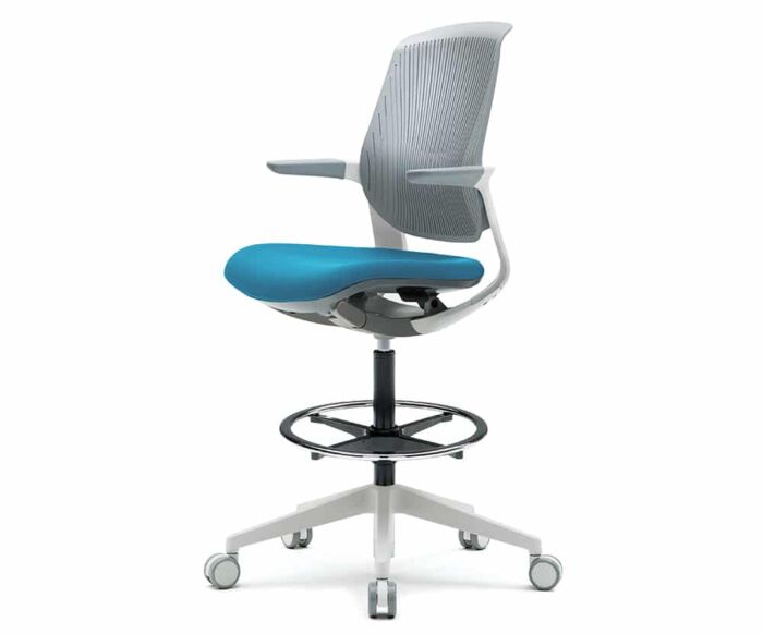 white modern drafting task chair with light grey top cushion and light blue bottom cushion