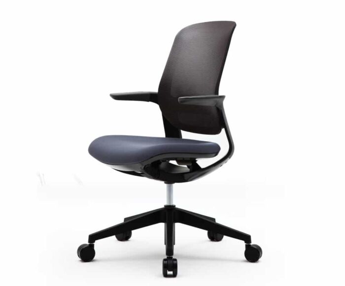 black modern office task chair with dark purple cushion