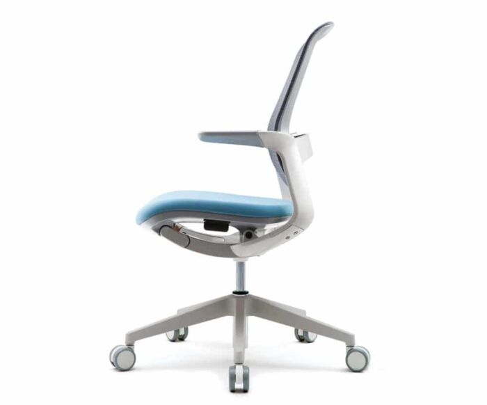 white modern drafting task chair with light blue bottom cushion