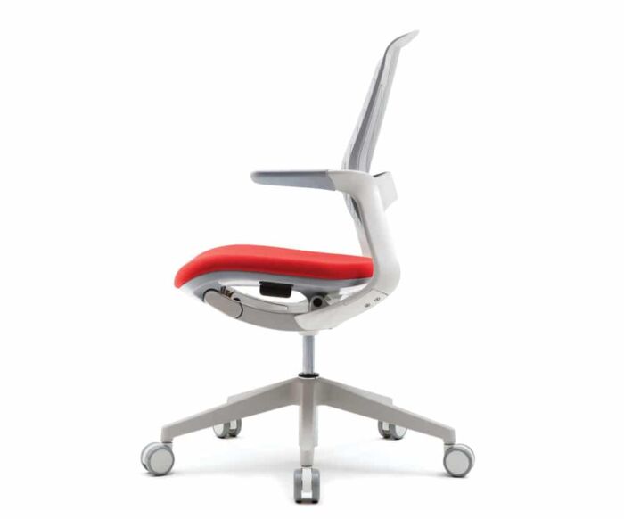 white modern office task chair with light grey top cushion and red bottom cushion