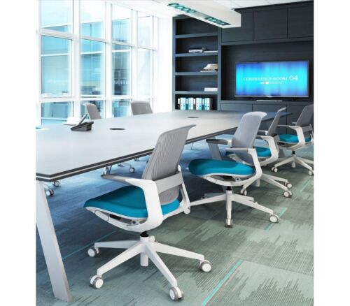 modern task chair with light blue cushion in a conference room