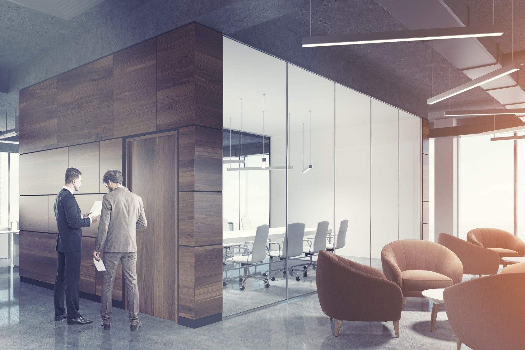two men in front of conference room in modern office | Collaborative Office Interiors