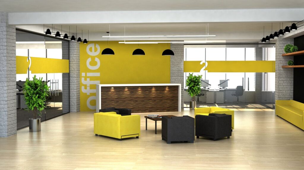 office reception area with yellow and grey accents