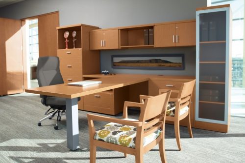 modern dual laminate desking workstation office suite in light maple finish