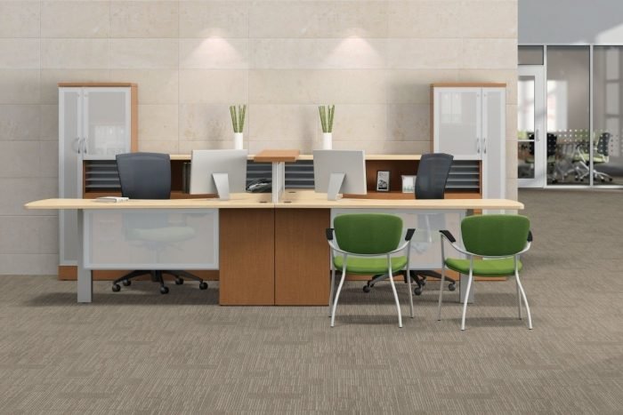 modern dual workstation office suite in light maple finish with lime green accents
