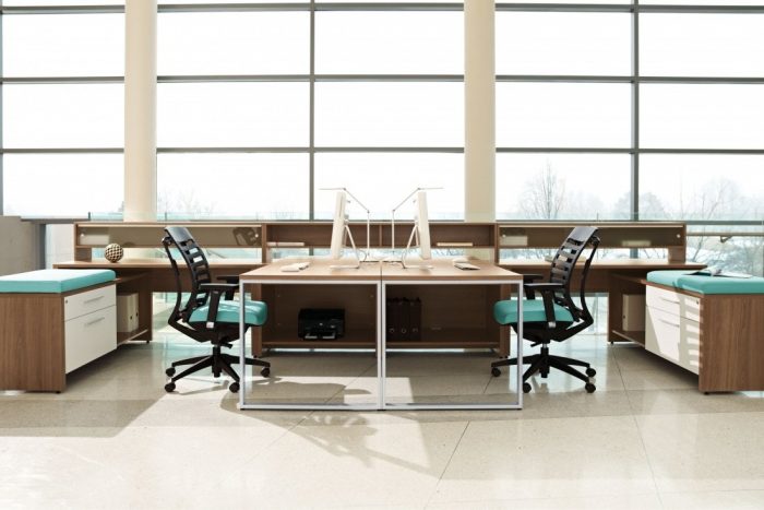 Modular Laminate Desking Collaborative Seating With Blue Upholstery Black Chairs