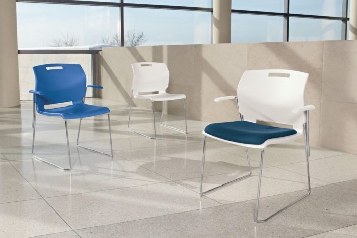 3 Popcorn Stacking Chairs, White, Blue and White with blue upolstery