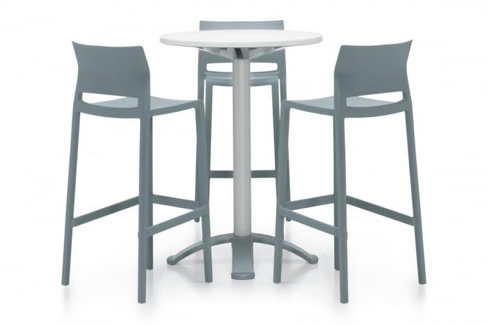 Bakhita White Round Bar Height Table With Silver Bar Stools