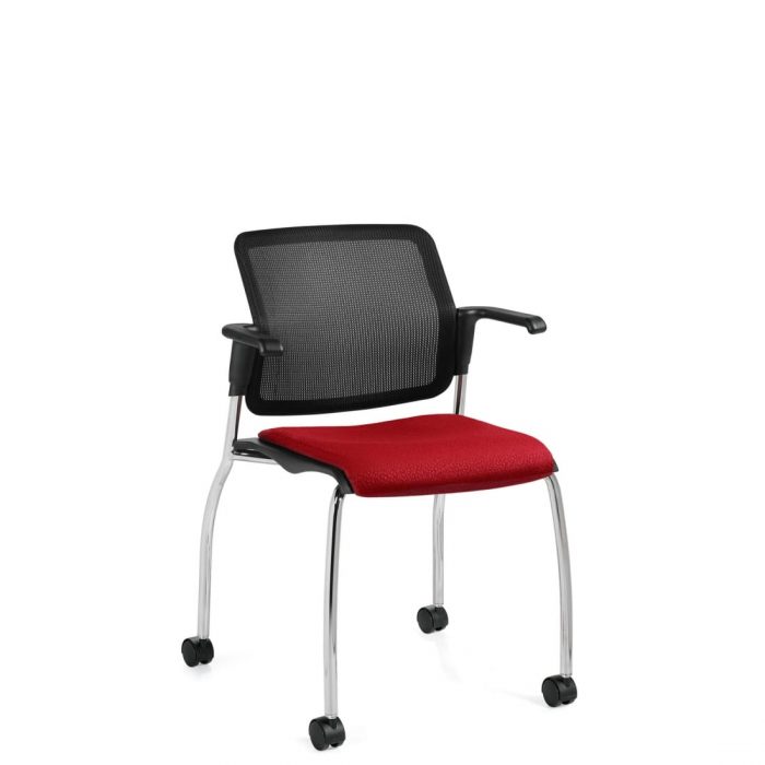Armchair, Red Upholstered Seat & Black Mesh Back, Casters And Chrome Frame (6574MB)