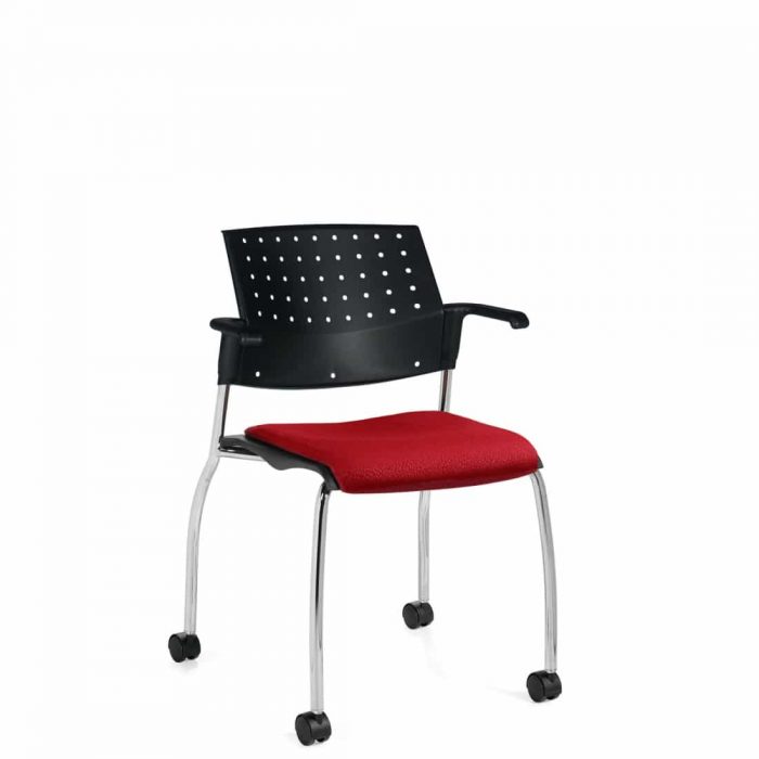Armchair, Red Upholstered Seat & Black Polypropylene Back, Casters And Chrome Frame (6574)