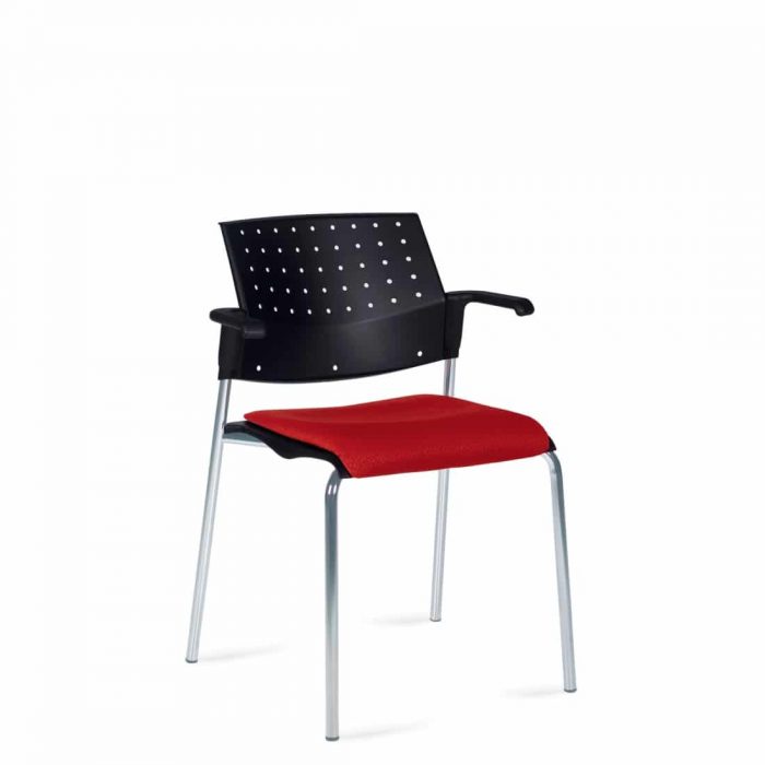 Stacking Armchair, Red Upholstered Seat & Black Polypropylene Back With Chrome Frame (6514)