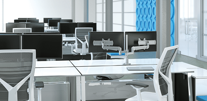 Benching systems with mounted monitor arms | Collaborative Office Interiors