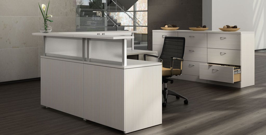 Modern reception desk with light color wood