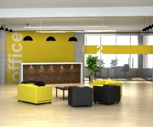 business furniture in bright yellow with yellow interior accent wall