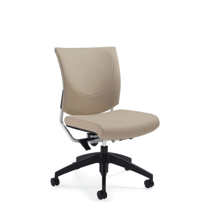 Graphic upholstered posture back armless chair, model 2737. This chair has been placed on a white background.