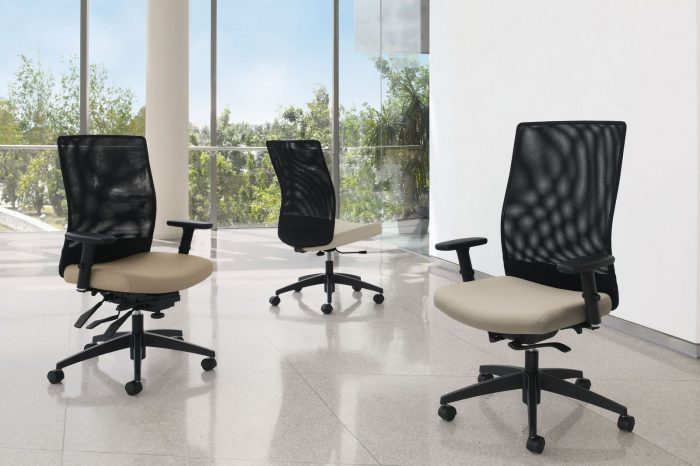 Studio photography of three high-backed Weev chairs. Each chair has a black mesh back and cream upholstered seat cushion.