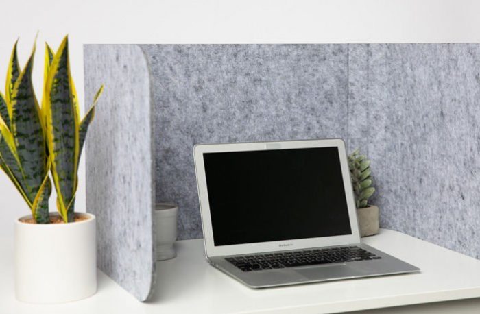 Hide privacy screen placed at a white desk. A laptop is open, with a plant to the left side of the Hide screen's wall.
