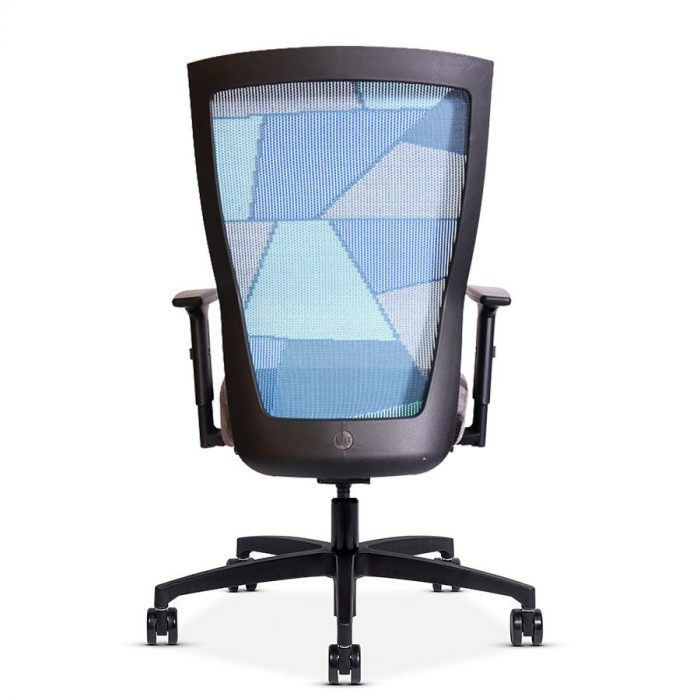 Quarter view of a Run II office chair with blue patchwork style mesh back.