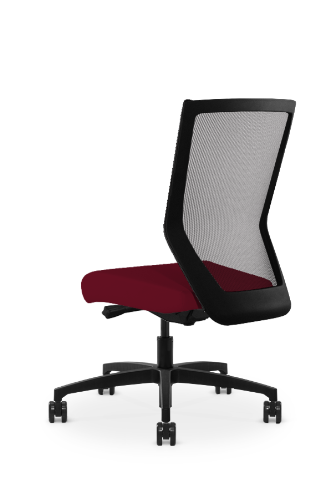Run II high-back chair, facing away. The seat is upholstered in cardinal red leather fabric, and has a grey mesh back.