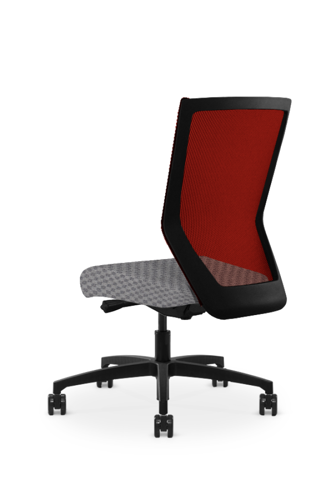 Run II high-back chair, facing away. It has a grey check pattern on the seat, with a red mesh back.