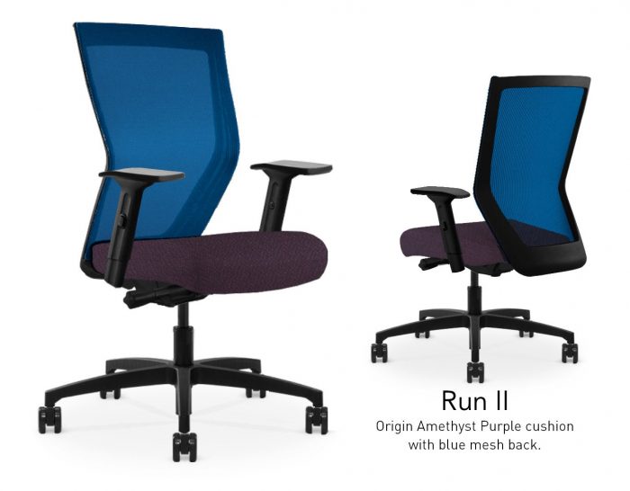 Composite image of a Run II high-back chair, front and back. It has a dark purple cushion seat, adjustable arms, and blue mesh back.