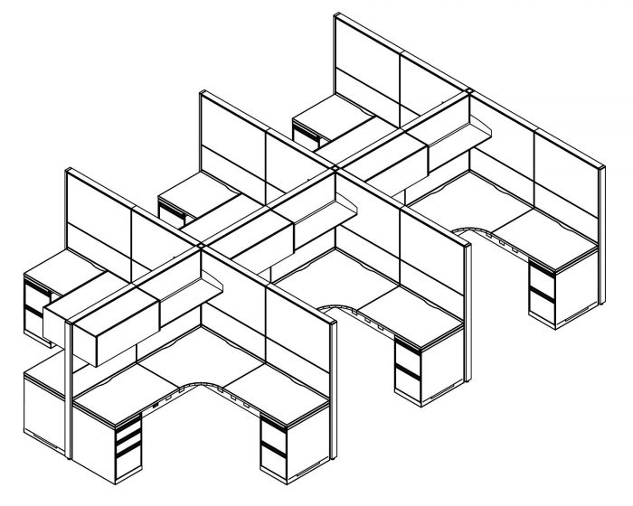 Technical drawing of Global's Evolve EV512 System, configured as a 6 pack of office cubicles. The L shaped desk has a beveled inside corner, and a set of desk drawers on each outer side. Above, is a cabinet with door that swivels downwards. A shelf rests to one side.