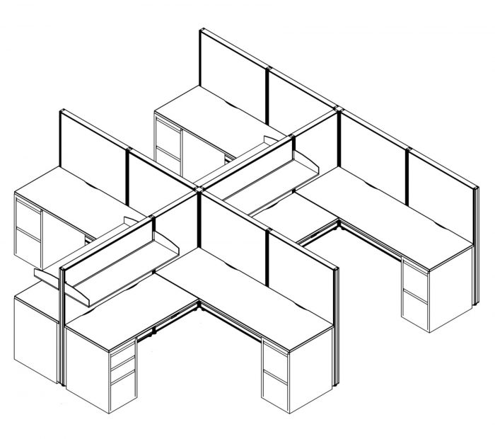 Technical drawing of the Compile CM511 4-Pack of work stations. Each station is partially enclosed, with a small shelf above each workstation. On each side is a set of drawers, for storing files and supplies.