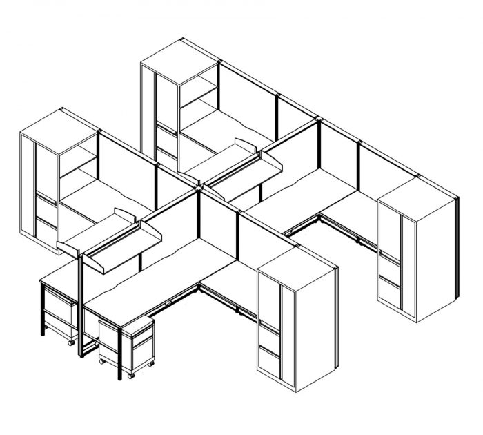Technical drawing of the Compile CM513 set of work stations. Each of the 4 workstations are partially enclosed, with a set of rolling filing and supply drawers. Above, is a small shelf. On the opposite side of each station is a full height cabinet, with a set of drawers and a door.