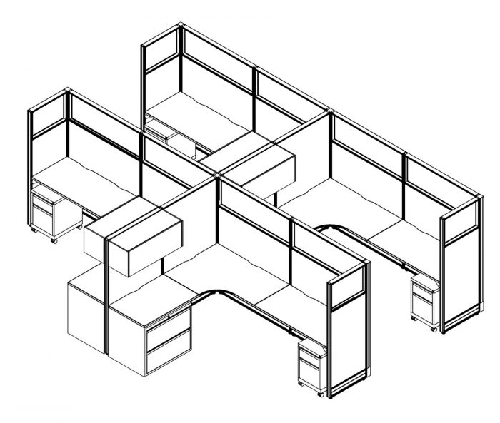 Technical drawing of the Compile CM515 set of work stations. Each of the 4 L-shaped desks have a beveled inside corner, and a set of desk drawers on each side. On the side with the wider set of drawers, there is a compartment with flip-up lid.