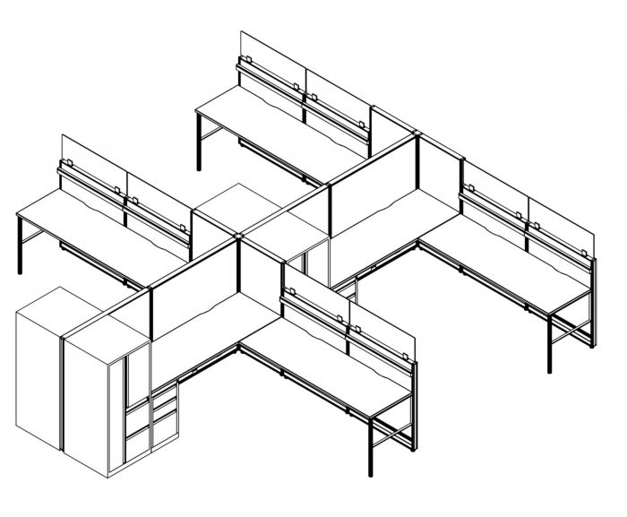 Technical drawing of the Compile CM518 set of work stations. Each of the 4 workstations has an L shaped work surface, with ample drawer and cabinet storage to one side.