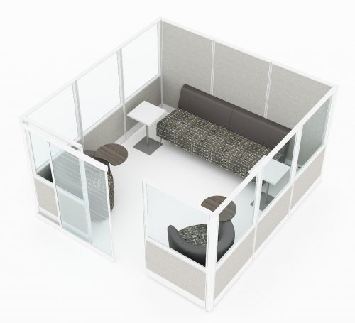 Full 9x9 foot cubicle, set for casual seating and collaborating. Clear space dividers make up the top half of 3 walls for this cubicle. A frosted acrylic door is slid to the left, for people to enter. Model is CM520.