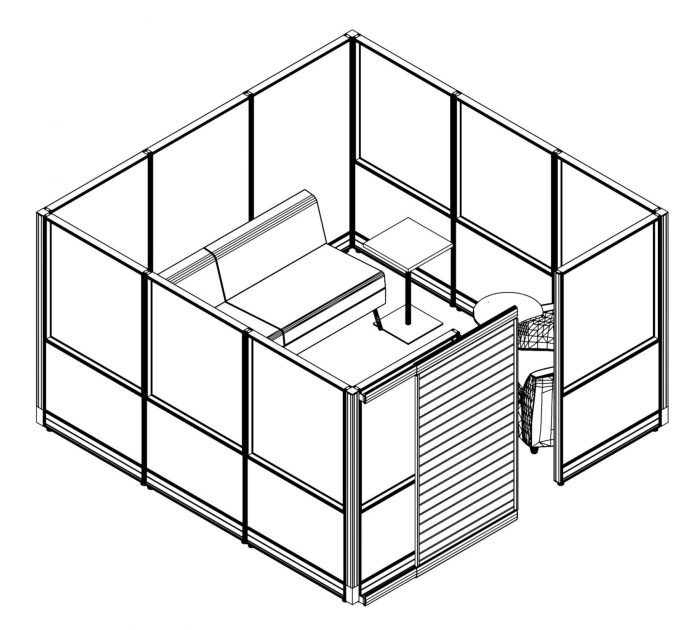 Technical drawing of the Compile CM520 Cubicle. This enclosed cubicle can hold a small team. A door to the right can slide open.