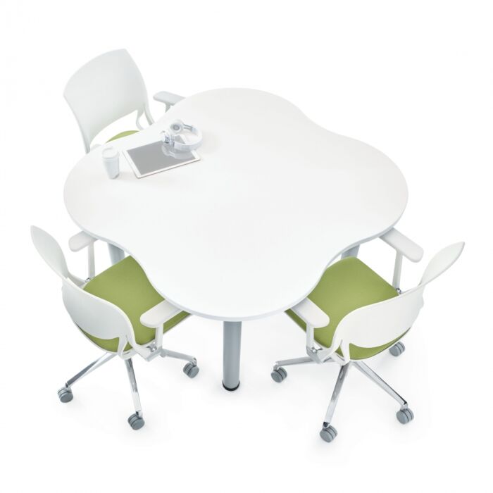 white training table with green cushioned seating